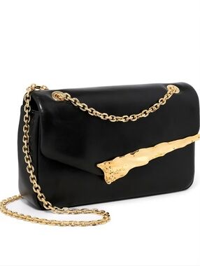 Alexis Bittar Angular Luxury Black Leather Chain Shoulder Bag with Gold Accent